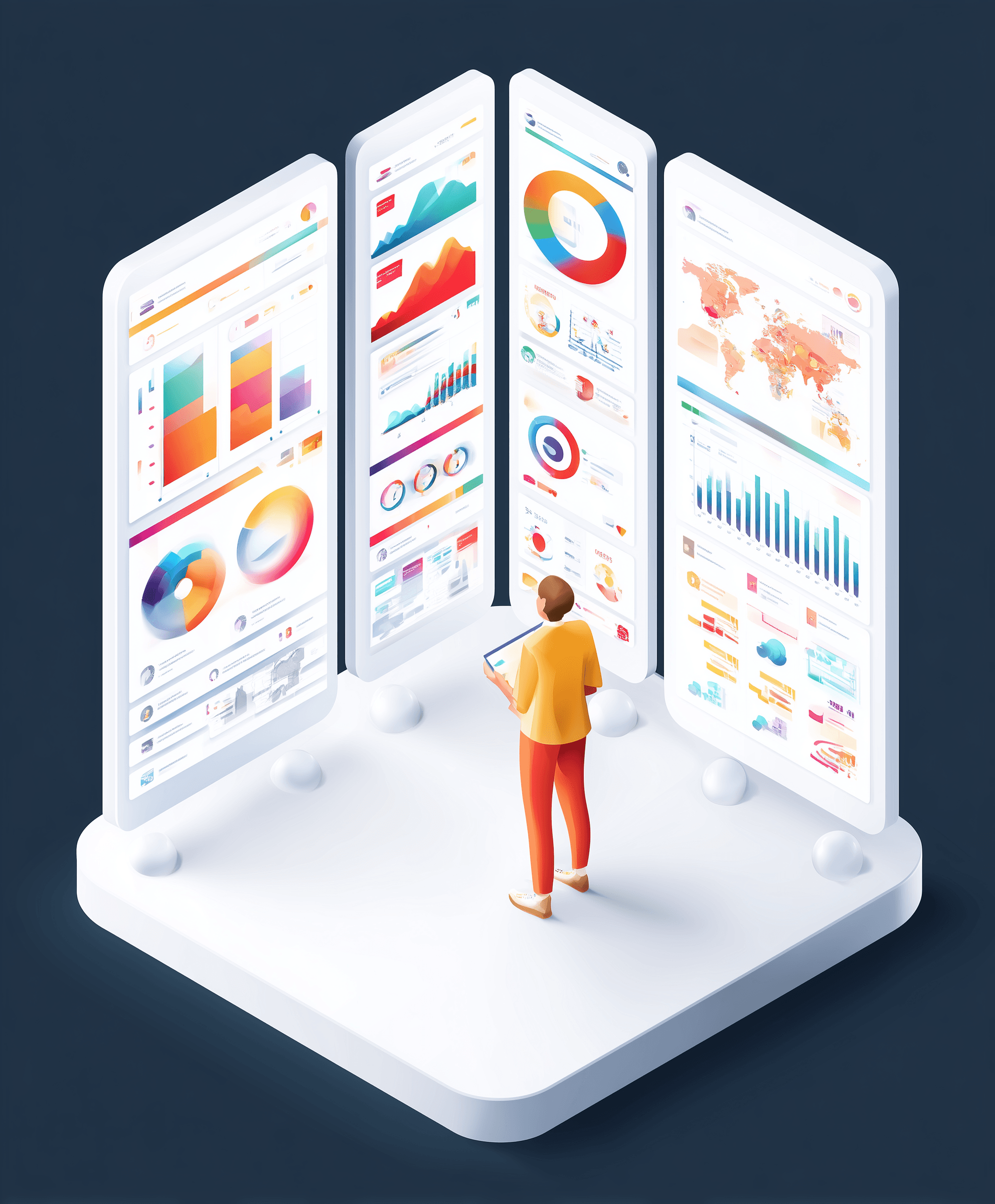 Illustrated analytics dashboard showing chart-heavy student data