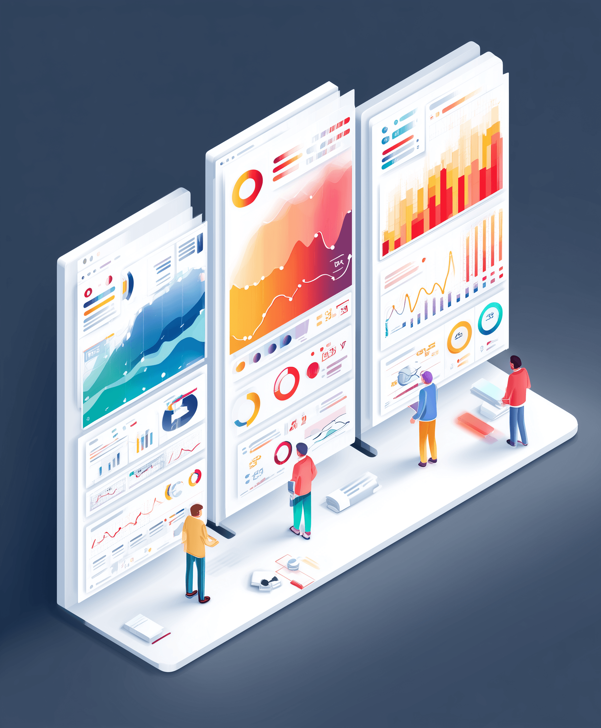 Illustrated analyst reviewing chart-based reports