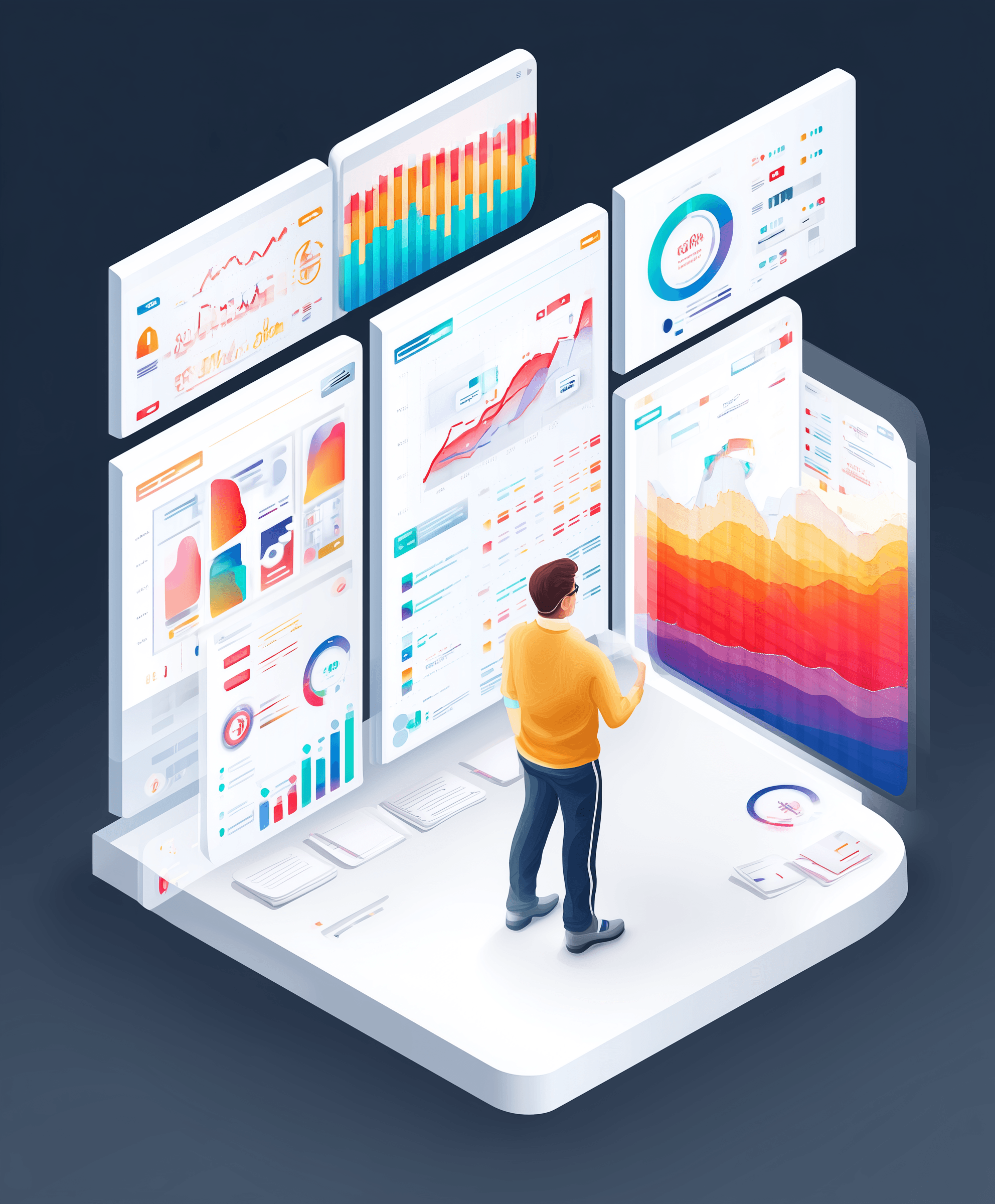 Illustrated educator standing in front of multiple chart views